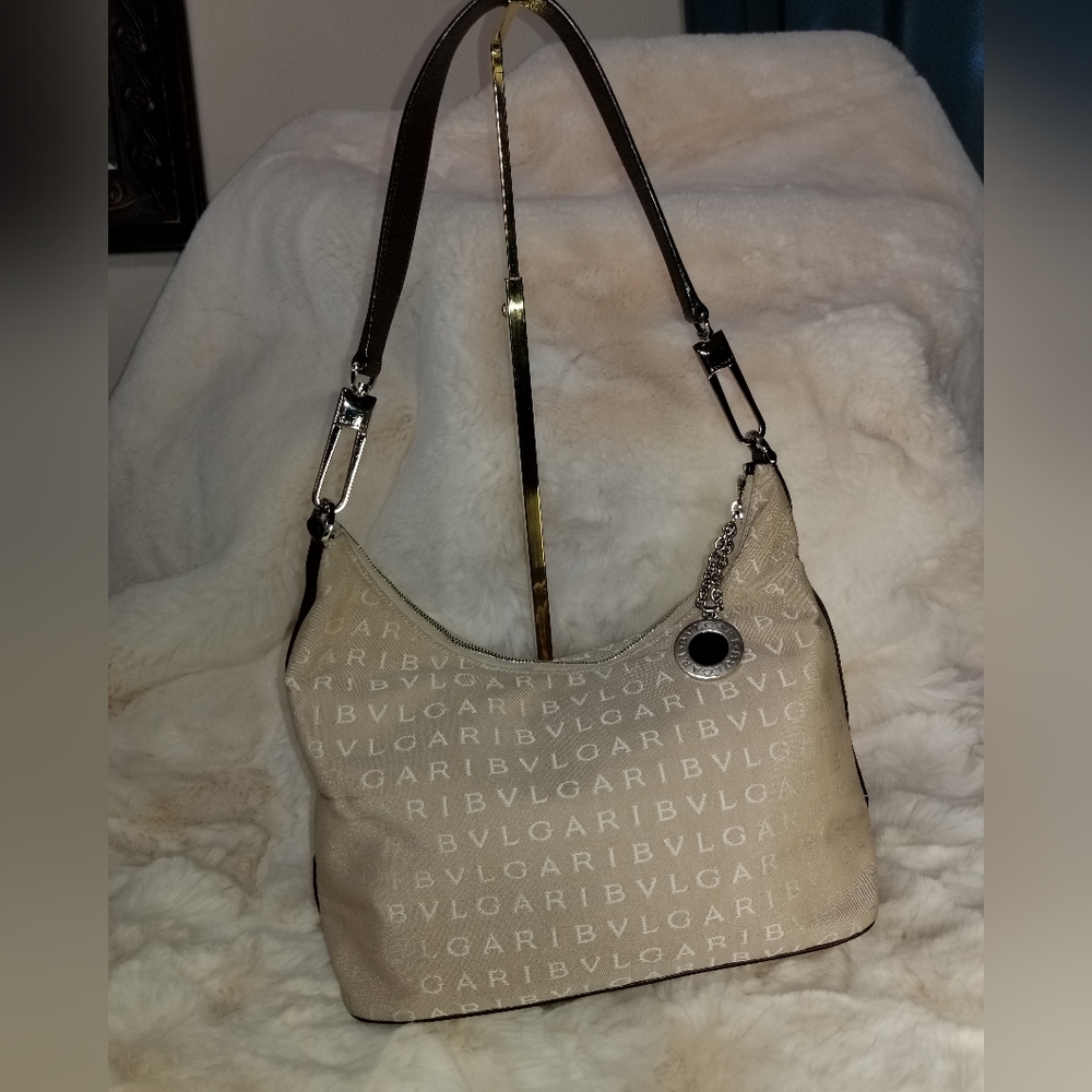 BVLGARI tan Logomania canvas brown leather hobo shoulder bag